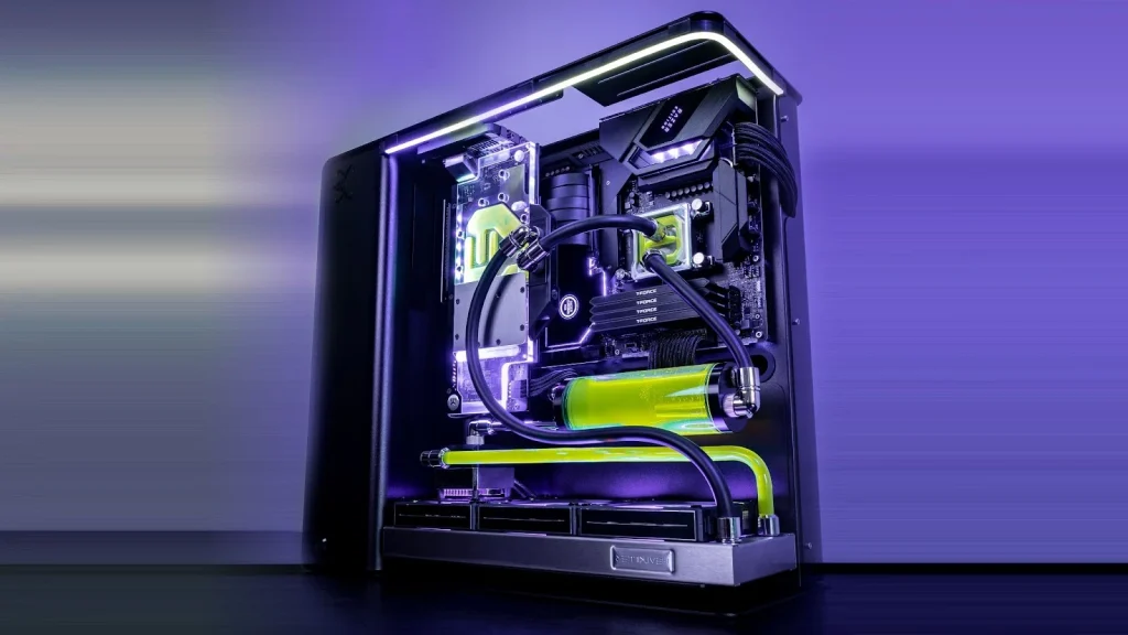 An advanced custom loop PC cooling system with vibrant green coolant running through clear tubing, connected to a CPU water block and radiator, designed for high-performance and eye-catching aesthetics