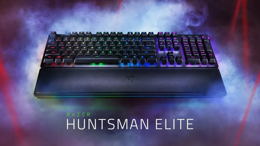 Image of the Razer Huntsman Elite, a premium gaming keyboard with RGB backlighting and Razer's opto-mechanical switches.