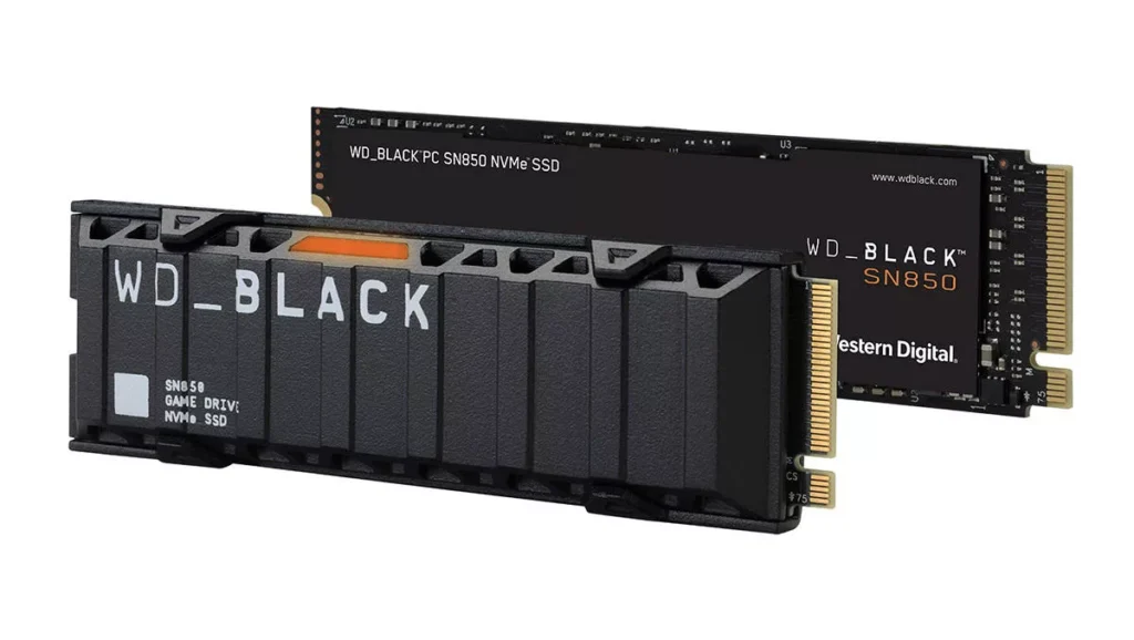 Western Digital Black SN850 NVMe SSD with heatsink attached, featuring up to 1TB capacity, PCIe Gen4 interface, and read/write speeds up to 7000/5300 MB/s.