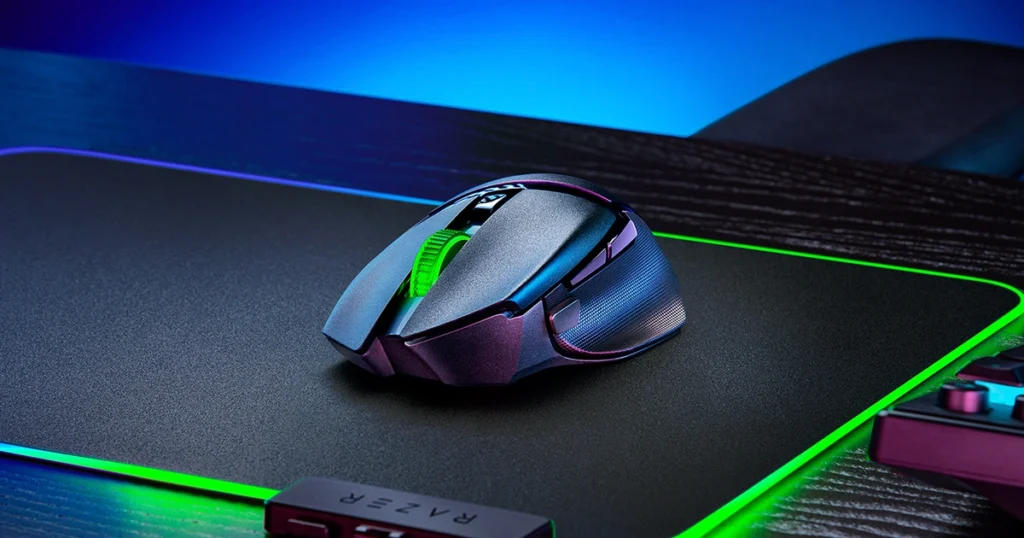 An image of the Razer Basilisk X HyperSpeed gaming mouse, featuring a sleek black design with green accents. The mouse is positioned on a black mouse pad and includes various buttons and a scroll wheel. The Razer logo is prominently displayed on the palm rest area.