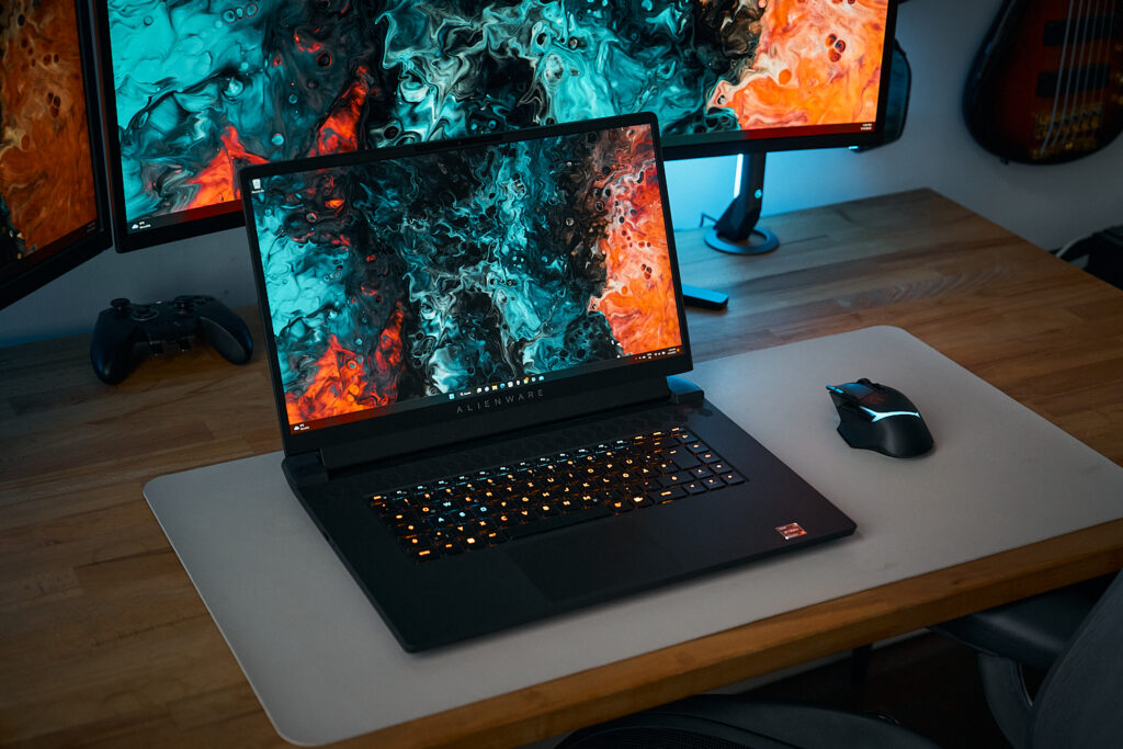 The Alienware m17 R5 Gaming Laptop, a sleek and powerful gaming device with a black chassis, RGB lighting accents, and a large display.