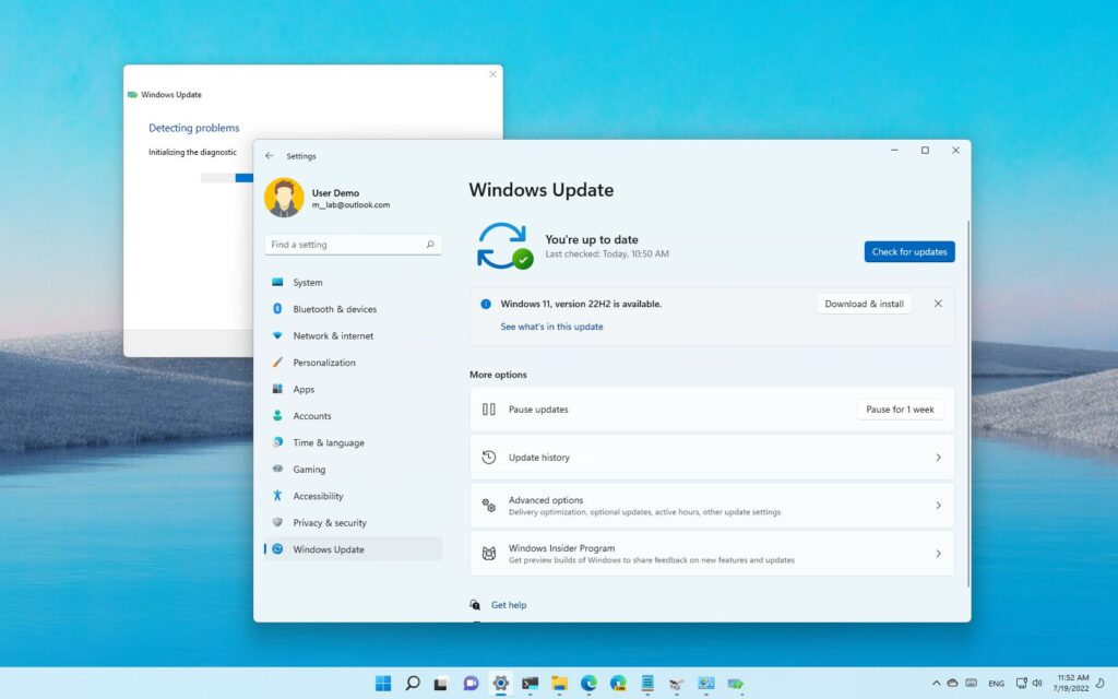 Screenshot displaying the Windows Update dialogue box in Windows 11. The box shows the current update status and options for managing and installing updates of your gaming PC.